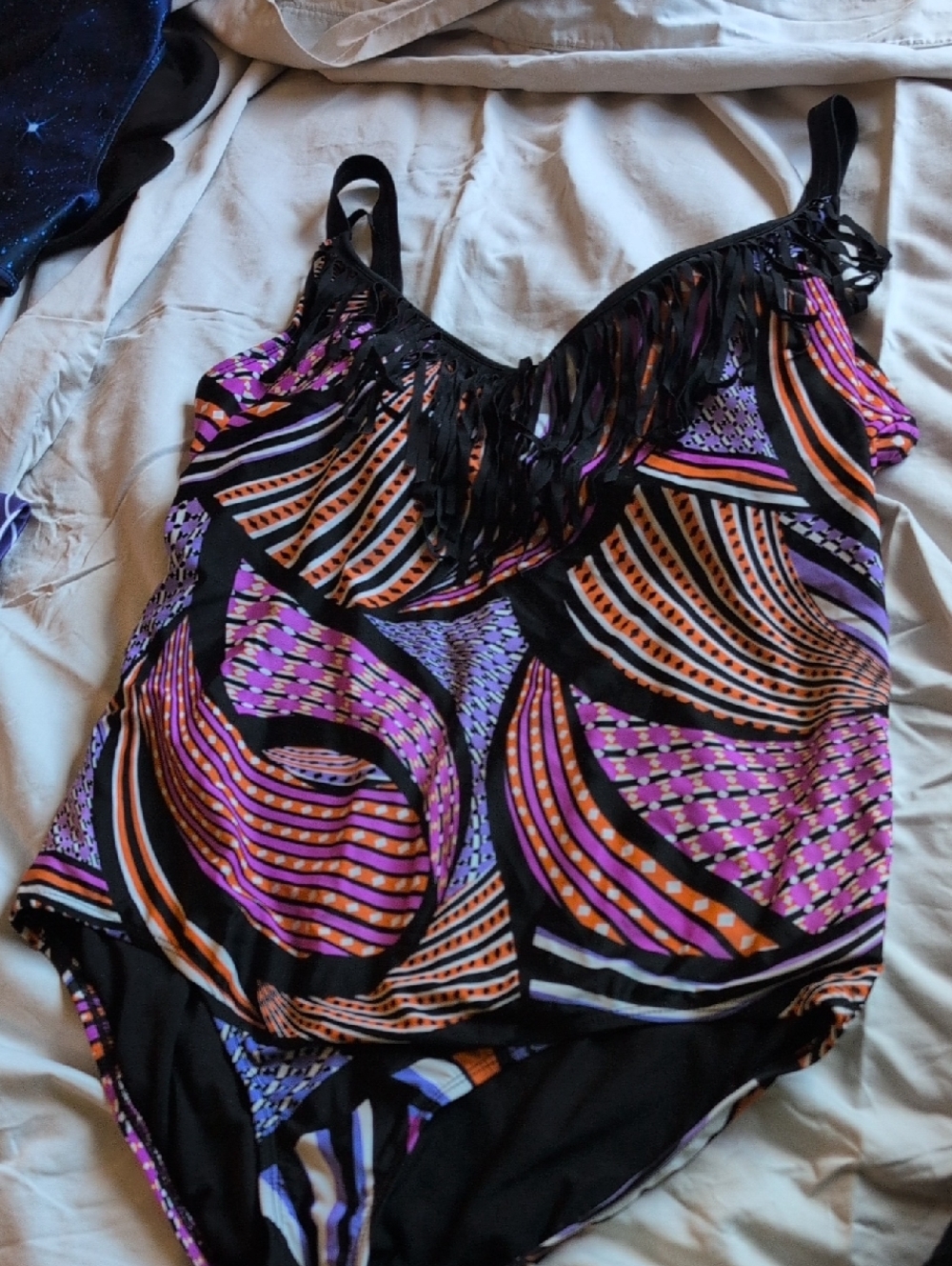 Swimsuits For All Fringe One-Piece Swimsuit - Purple & Orange & Black